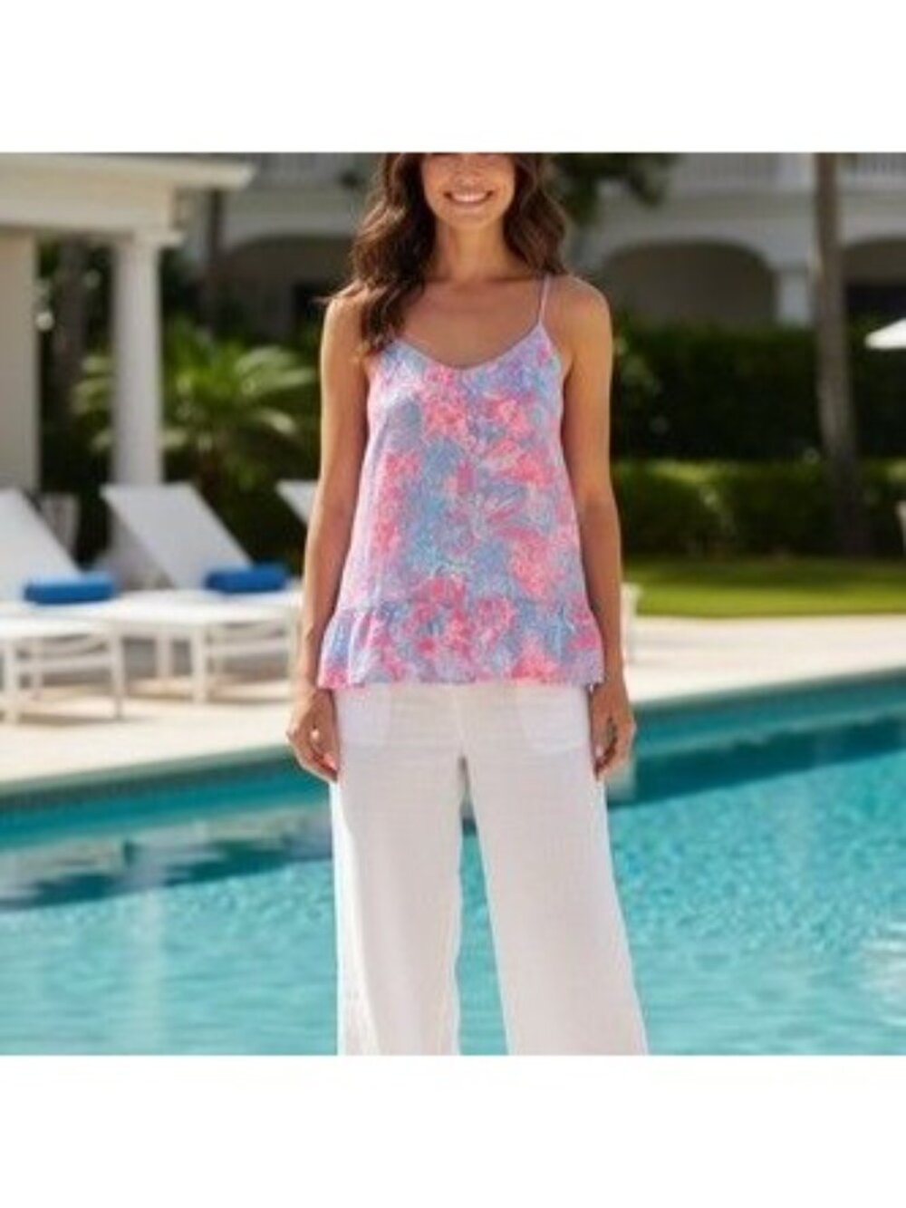 Lilly Pulitzer Womens XL Coral Sleeveless Top Pink Sunray Floral Ruffle-Hem NEW